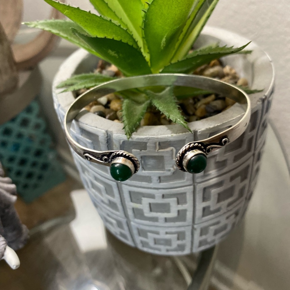 Silver Cuff Bracelet with Green Accents